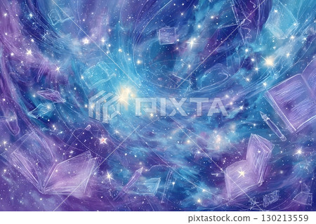 Dreamy cosmic scene with glowing stars and swirling nebulae, sketched books 130213559