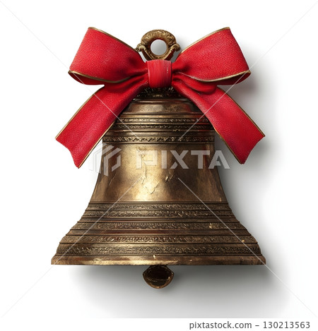 Antique bronze school bell with ornate bands and a bright red ribbon bow, isolated on white. 130213563