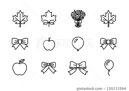 Outline icon set of autumn and school symbols: maple leaves, bows, bouquet, apples 130213564