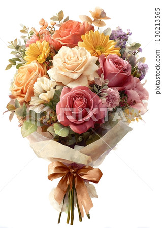 Elegant floral bouquet illustration with roses, daisies, and greenery wrapped in paper. 130213565