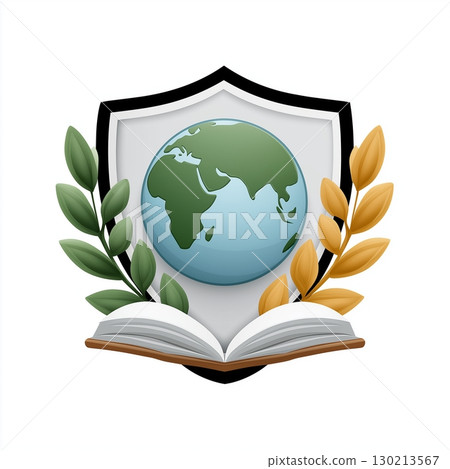 Academic emblem with globe on a shield, laurel branches, and an open book 130213567