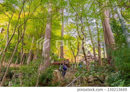 Mino City, Gifu Prefecture: Worshippers climbing the stone steps leading to the main hall of Oyada Shrine in autumn Mino City, Gifu Prefecture: Worshippers climbing the stone steps leading to the main hall of Oyada Shrine in autumn 130213689