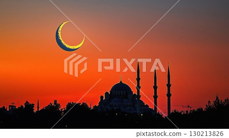 Istanbul Sunset Crescent Moon over Blue Mosque. 130213826