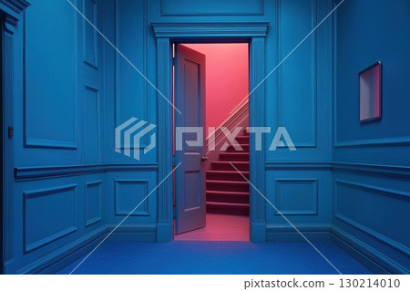 Pink Staircase with Blue Hallway, Open Door, and Interior Design. 130214010
