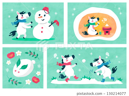 Horse (Uma) card illustration playing in the snow (snowman, snow hut, snowball fight, snow rabbit) watercolor style 130214077