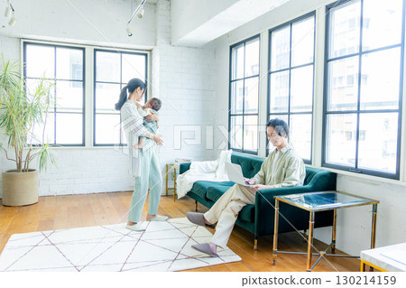 A young family relaxing in the living room A young family relaxing in the living room 130214159