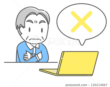 Illustration of a senior man with a stern face looking at a laptop screen 130214667