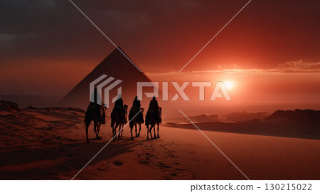 Sunset Caravan with Camels Passing the Ancient Egyptian Pyramids 130215022