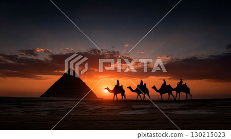 Sunset Caravan with Camels Passing the Ancient Egyptian Pyramids 130215023