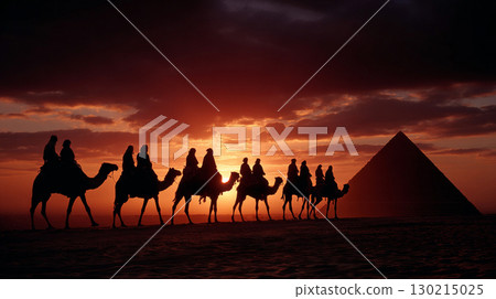 Sunset Caravan with Camels Passing the Ancient Egyptian Pyramids 130215025