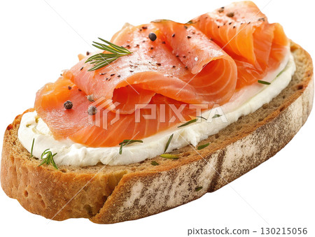 A delicious smoked salmon appetizer on rustic toast with a creamy spread and fresh herbs 130215056