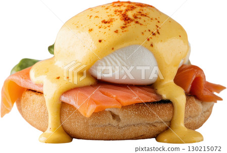 Delicious Eggs Benedict with smoked salmon creamy hollandaise sauce and spicy paprika topping 130215072