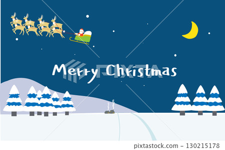 聖誕卡上，聖誕老人在冬夜飛過白雪皚皚的小鎮 130215178