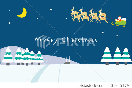 Christmas card with Santa Claus flying over a snowy town on a winter night 130215179