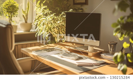 Bright desk view in a modern office with monitors Bright desk view in a modern office with monitors 130215284