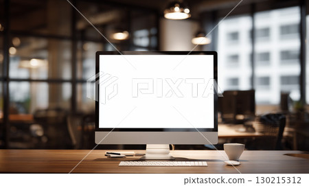 配有顯示器的現代化辦公室，辦公桌視野明亮 130215312