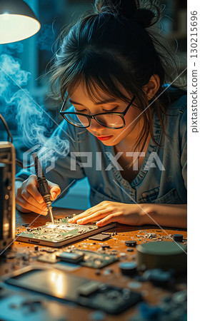 Young woman soldering a circuit board with focused precision. Young woman with glasses is carefully soldering a circuit board at a well-lit workbench. Young woman soldering a circuit board with focused precision. Young woman with glasses is carefully soldering a circuit board at a well-lit workbench. 130215696
