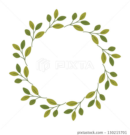 Flat style green leaves wreath frame on white background. Minimal botanical circle design for cards, invitations, decoration, and natural templates. 130215701