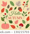 Autumn flat style illustration with pumpkin mushroom acorn colorful leaves and berries. Seasonal greeting card design with text Hello Autumn on beige background. Perfect for fall decoration holiday 130215703