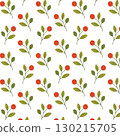 Seamless branch pattern with green leaves and red berries in flat style on white background 130215705
