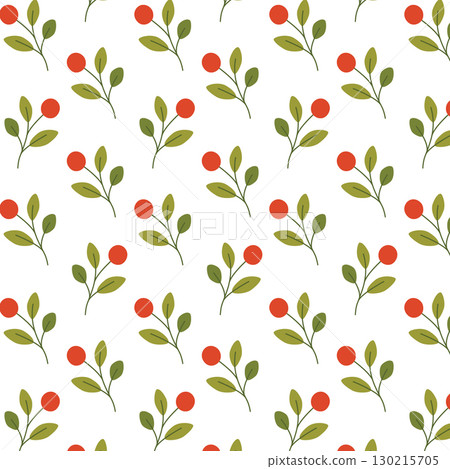 Seamless branch pattern with green leaves and red berries in flat style on white background 130215705