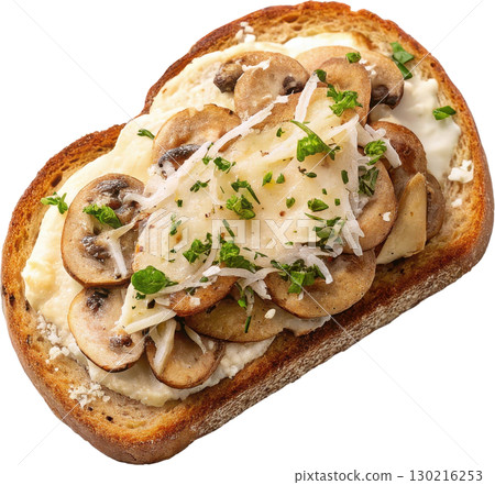 Delicious mushroom toast topped with creamy cheese fresh herbs and toasted artisan bread Delicious mushroom toast topped with creamy cheese fresh herbs and toasted artisan bread 130216253