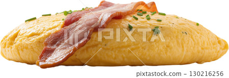 Golden fluffy omelette topped with crispy bacon and fresh chives a perfect savory breakfast meal 130216256