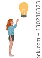 Vector illustration of a young woman reaching for a light bulb. New idea. Search for inspiration. Thoughts and innovations. 130216323