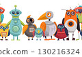 Vector seamless border with cute cartoon robot birds. Horizontal frieze with colorful bird automatons. Future pets. 130216324