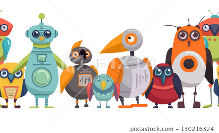 Vector seamless border with cute cartoon robot birds. Horizontal frieze with colorful bird automatons. Future pets. 130216324