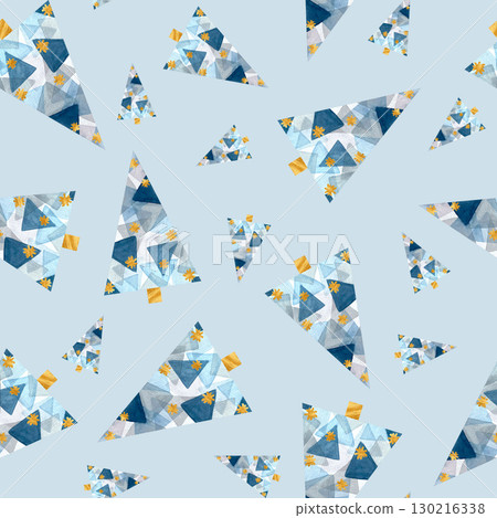 Seamless pattern with abstract blue Christmas trees. Hand-drawn in watercolor. Suitable for design, print, decoration. 130216338