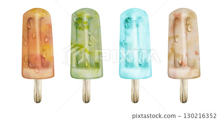 Mix of mold homemade ice pops on stick in assorted flavors, frozen popsicle, refreshing summer snack food with water drops. Isolated illustration hand drawn in watercolor. Product wrap, eco menu art Mix of mold homemade ice pops on stick in assorted flavors, frozen popsicle, refreshing summer snack food with water drops. Isolated illustration hand drawn in watercolor. Product wrap, eco menu art 130216352