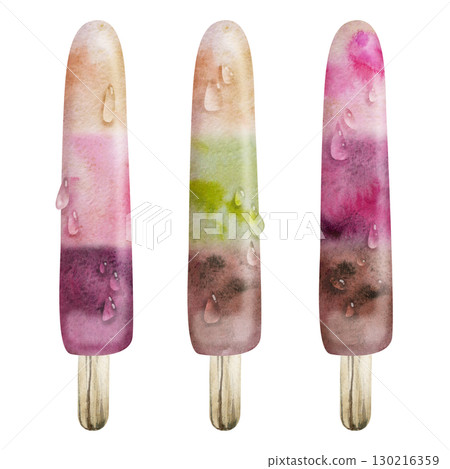 Colorful layered berry fruit popsicle with water drops, ice lolly block, paleta summer frozen treat. Isolated illustration hand drawn in watercolor. Natural dessert branding, street food vendor stand. Colorful layered berry fruit popsicle with water drops, ice lolly block, paleta summer frozen treat. Isolated illustration hand drawn in watercolor. Natural dessert branding, street food vendor stand. 130216359