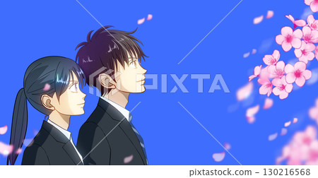 櫻花和花瓣，男女學生或上班族的動漫風格插圖，右側留白 130216568
