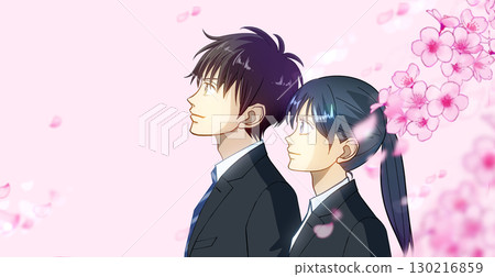 Cherry blossoms and petals, anime-style illustration of male and female students or working adults, white space on the left Cherry blossoms and petals, anime-style illustration of male and female students or working adults, white space on the left 130216859