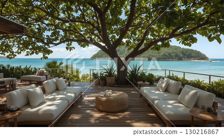 Cozy tropical terrace by the sea with island view 130216867