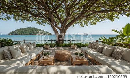 Cozy tropical terrace by the sea with island view 130216869