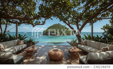 Cozy tropical terrace by the sea with island view 130216870