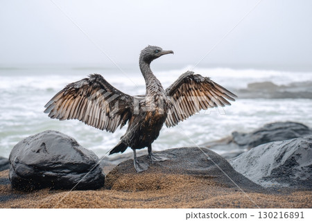 Cormorant struggles to lift its wings on a polluted shoreline amid a foggy day Cormorant struggles to lift its wings on a polluted shoreline amid a foggy day 130216891