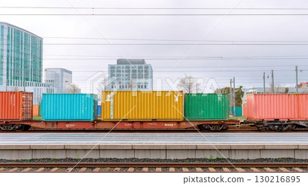 Freight train transporting waste containers passes through modern urban railyard under overcast skies Freight train transporting waste containers passes through modern urban railyard under overcast skies 130216895