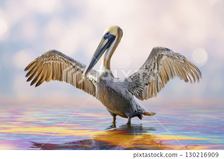 Pelican struggles in shallow water covered in crude oil as morning light reveals ecological crisis Pelican struggles in shallow water covered in crude oil as morning light reveals ecological crisis 130216909