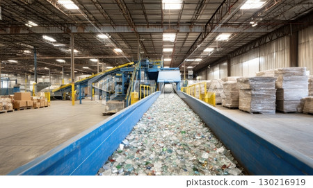 Robots efficiently sort crushed glass on a conveyor belt in a recycling facility under natural light Robots efficiently sort crushed glass on a conveyor belt in a recycling facility under natural light 130216919