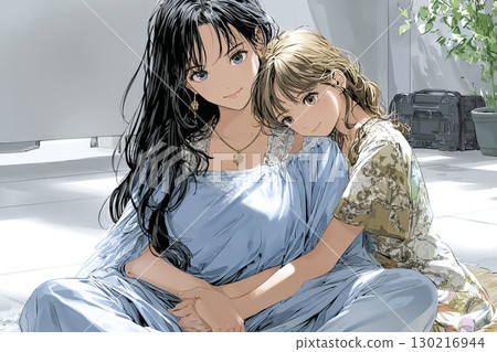 A female staff member gently embraces a crying child at an evacuation shelter to reassure him, providing warm support at disaster prevention sites 130216944