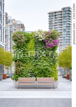 Vertical garden wall enhances urban plaza with vibrant greenery and flowers near contemporary apartments Vertical garden wall enhances urban plaza with vibrant greenery and flowers near contemporary apartments 130216994