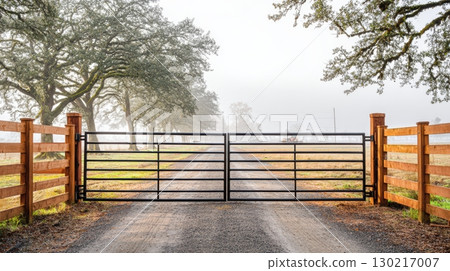 New galvanized steel farm gate opens onto a tranquil rural driveway lined with oak trees in soft morning light New galvanized steel farm gate opens onto a tranquil rural driveway lined with oak trees in soft morning light 130217007