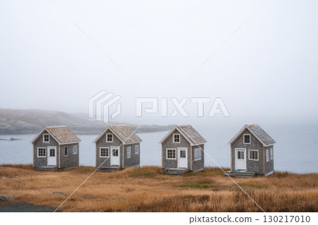 Fog-covered coastal island with identical off-grid houses showcasing sustainable living Fog-covered coastal island with identical off-grid houses showcasing sustainable living 130217010