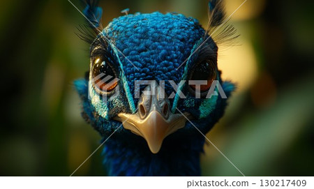 Peacock head closeup showing vibrant blue feathers and striking amber eyes. Exotic bird portrait displaying natural beauty 130217409