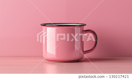 Pink enamel mug isolated on pink background, minimalist beverage concept 130217421