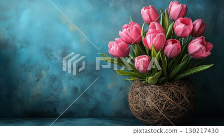 Pink tulips arranged in woven basket against blue wall, spring decoration concept 130217430