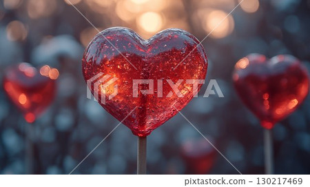 Red glass heart glowing with light against bokeh background, love concept 130217469